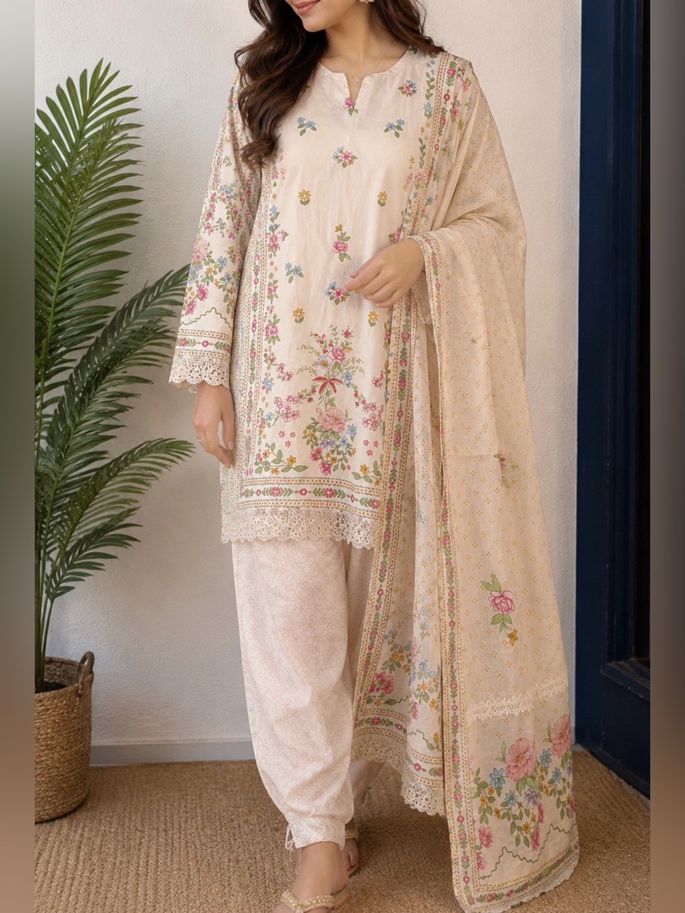 KHAADI Elegant Cream Floral Long Sleeve Dress with Duppatta and shalwar